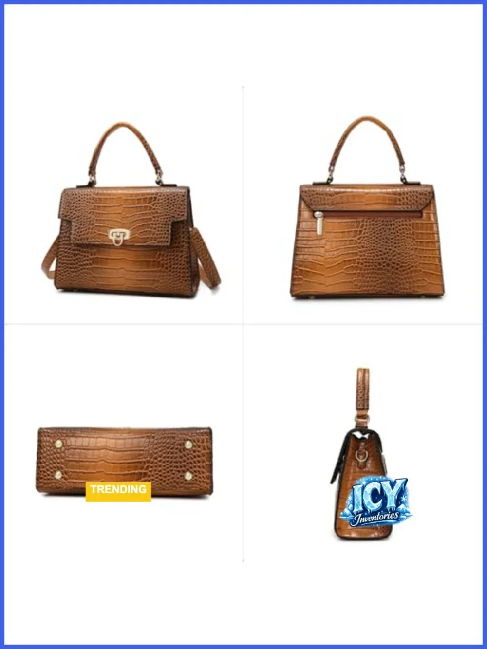 Structured Vegan Leather Satchel Handbag with Croc Pattern, Crossbody Bag for